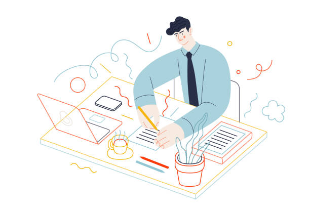 Business topics - tasks Business topics - tasks. Flat style modern outlined vector concept illustration. A young man wearing a tie sitting at the office desk, filling in the list of tasks. Business metaphor. man doing household chores stock illustrations