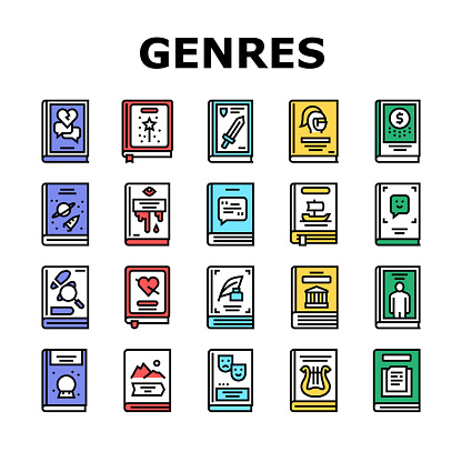 Literary Genres Books Collection Icons Set Vector. Drama And Fairy Tale, Fantasy And Historical, Business And Science Fiction Genres Color Contour Illustrations