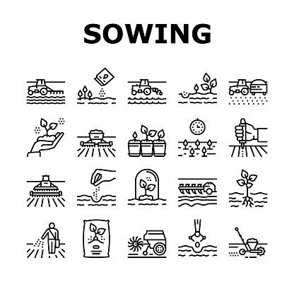 Sowing Agricultural Collection Icons Set Vector. Sowing Seeds And Field Processing, Plant Care And Harvesting, Tractor And Harvester Black Contour Illustrations