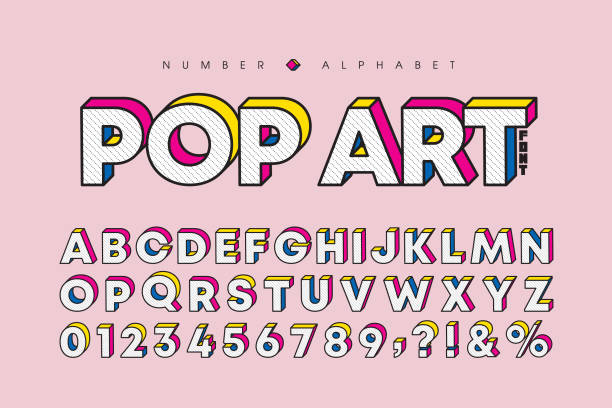 ilustraciones, imágenes clip art, dibujos animados e iconos de stock de 3d arte pop moderno vibrante alfabeto de color y conjunto de números. - caligrafía ilustraciones