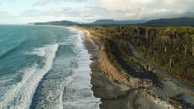 Aerial view of Mahitahi bay in South Westland, New Zealand on the Tasman Sea.