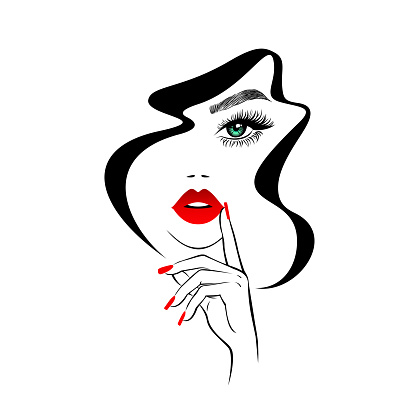 Beautiful woman face with red lips, lush eyelashes, hand with red manicure nails, black hair, stylish hairstyle. Beauty Logo. Nail art studio. Wallpaper background. Vector illustration.