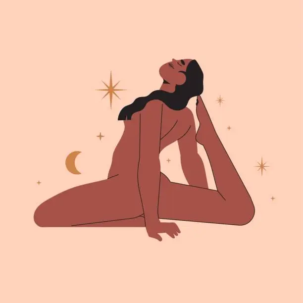 Vector illustration of Beautiful woman practicing yoga, stretching or exercising in sinole minimalistic boho style with celestial bodies. Trendy print template for poster, logo, emblem. Healthy fit female figure.