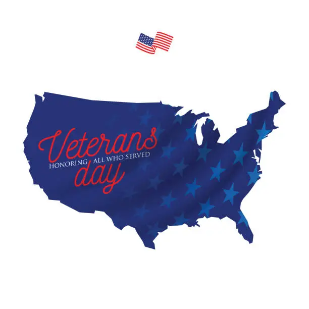 Vector illustration of Veterans Day Vector illustration, Honoring all who served, USA flag waving on blue background. stock illustration