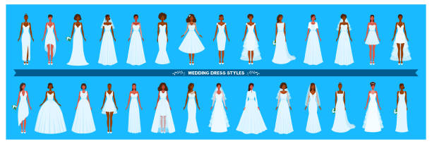 ilustrações, clipart, desenhos animados e ícones de coleção de vestidos de noiva. diferentes estilos e formas. um grande conjunto de vários vestidos. mulheres jovens e adultas. noivas afro-americanas. - bride women wedding flower