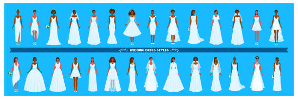 Wedding dress collection. Different styles and shapes. A large set of various dresses. Young adult women. African American brides. A vector cartoon illustration. wedding silhouettes stock illustrations