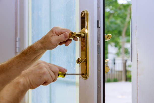 istock Wood door lock systems security protection for apartment. 1267309137
