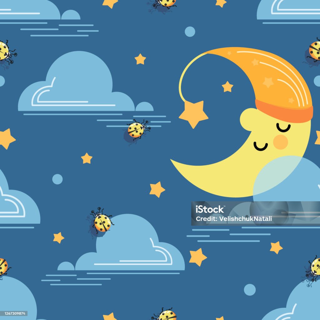 Tháng Hoạt Hình Nền Vector Em Bé Mặt Trăng Bọ Rùa Và Đám Mây Trên ...