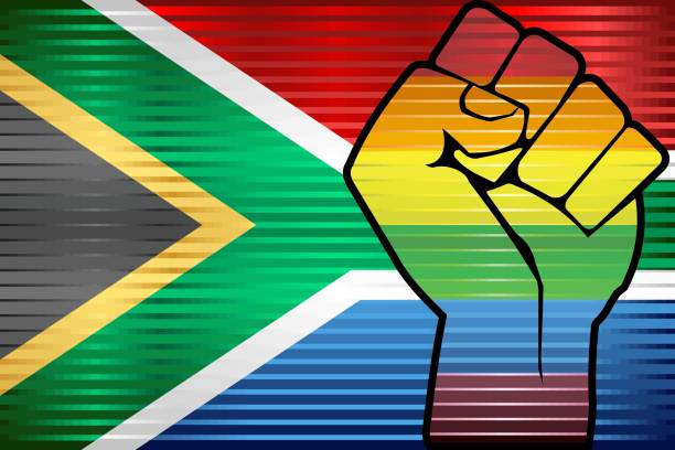 illustrazioni stock, clip art, cartoni animati e icone di tendenza di pugno di protesta lucido su una bandiera sudafricana - pretoria