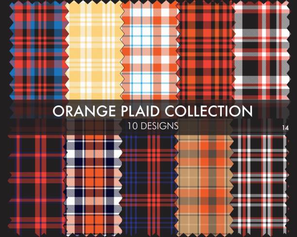 illustrazioni stock, clip art, cartoni animati e icone di tendenza di orange plaid tartan seamless pattern collection - spring decoration orange series