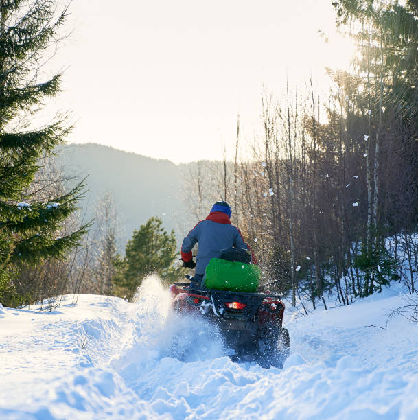 vue arrière d’un motard conduisant le vtt à quatre roues en hiver dans les montagnes - fourwheeler photos et images de collection