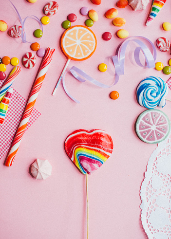 Flat lay, sugar background concept for kids birthday party or other kind of celebration.