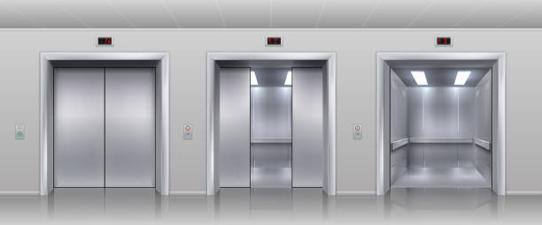 istock 1911.m30.i030.n020.P.c25.1484835944 Realistic elevators. Closed open and half closed metallic cabin doors of passenger and cargo lift or indicator. Vector interior with metal doors 1267317751