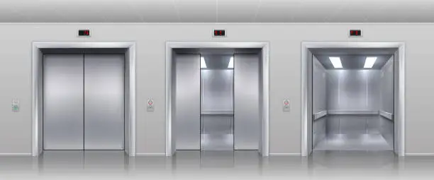 Vector illustration of 1911.m30.i030.n020.P.c25.1484835944 Realistic elevators. Closed open and half closed metallic cabin doors of passenger and cargo lift or indicator. Vector interior with metal doors