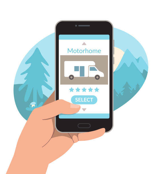 istock Phone in the hand of a man. Choosing and renting a camper via the Internet. Vector illustration, template. 1267318938