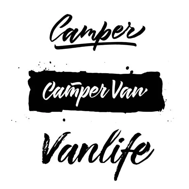 Vector illustration of Set of quotes on the theme of life in the camper. Vector lettering, hand drawn. Black and white illustration.