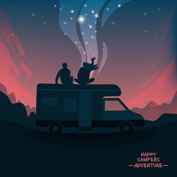 Young happy couple on the background of the starry sky. The concept of camping. Vector illustration. Young happy couple on the background of the starry sky. The concept of camping. Vector illustration. camping illustrations stock illustrations