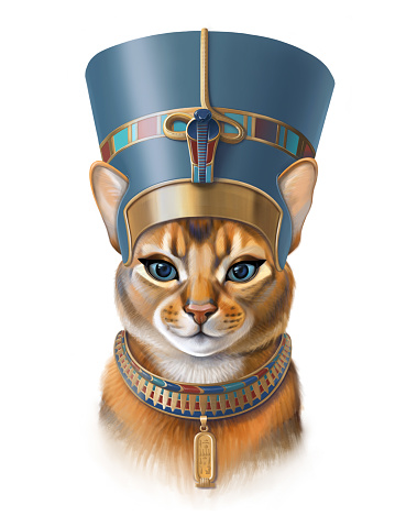 Picture of Queen Nefertiti's stylised portrait. Humanized cat illustration on white background. Ancient Egypt. Egyptian art.