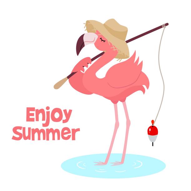 illustrations, cliparts, dessins animés et icônes de un flamant mignon avec une canne à pêche va à la pêche. illustration vectorielle, élément de conception pour les cartes, bannières, conception d’impression pour les t-shirts pour enfants. - flamingo bird isolated animal leg