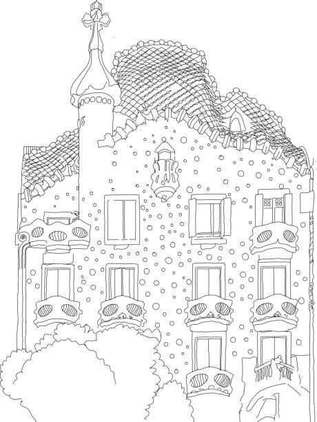 eine zeichnung eines stadthauses im gaudi-stil - passeig de gracia stock-grafiken, -clipart, -cartoons und -symbole