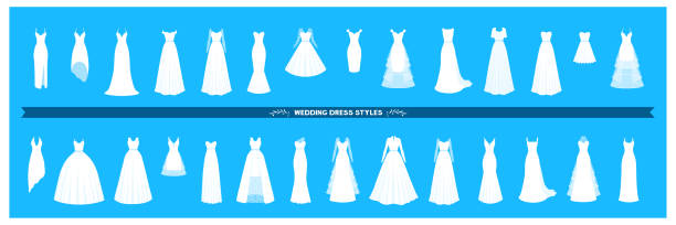 ilustrações de stock, clip art, desenhos animados e ícones de wedding dress collection. different styles and shapes of a bridal dress silhouette. a large set of various dresses. - wedding dress