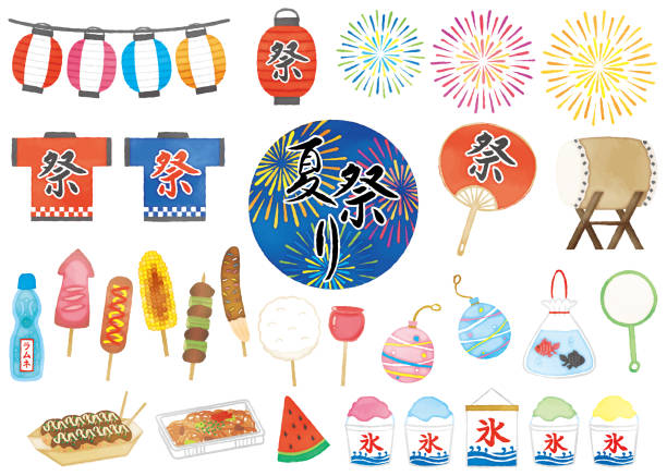 Japanese summer festival watercolor style illustrations set This is a set of Japanese summer festival watercolor style illustrations vienna sausage stock illustrations