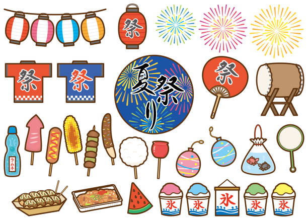 stockillustraties, clipart, cartoons en iconen met japanse de illustraties van het zomerfestival reeks - squid games