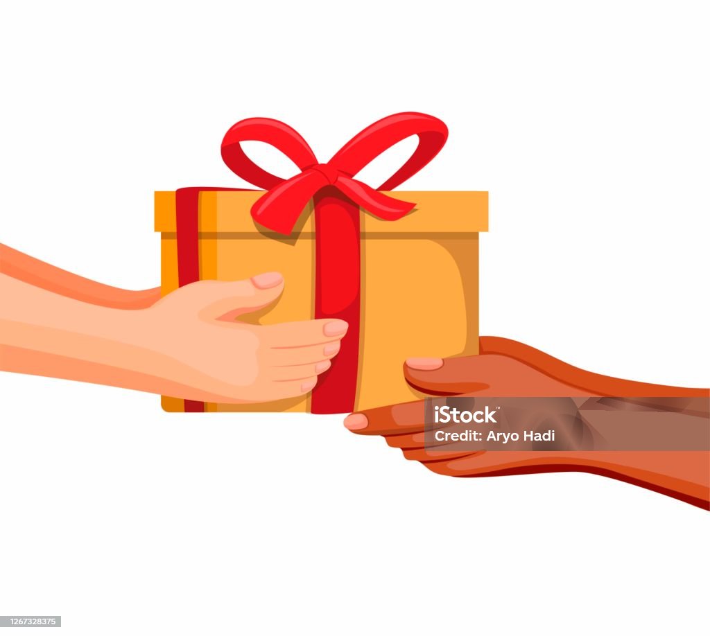 Hand Giving Box Gift Box Present Or Donation With Diversity People Support  And Charity Symbol Concept In Cartoon Illustration Vector On White  Background Stock Illustration - Download Image Now - iStock