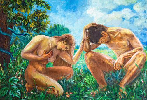 Adán y Eva. Pintura de cuadros, óleo sobre lienzo. Representación de la escena bíblica de Adán y Eva en el Edén photo