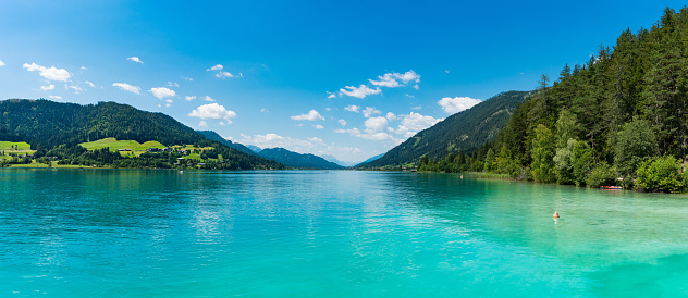 Weissensee in the Kärnten region. View to the famous lake in the South of Austria during summer.
