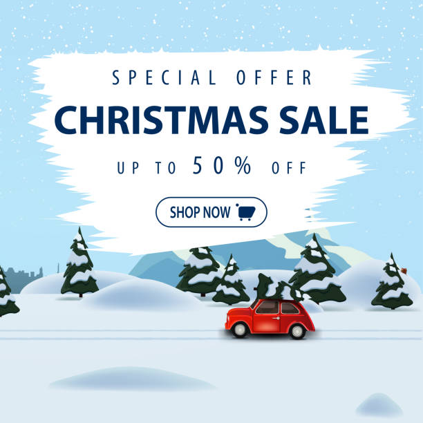 특별 제공, 크리스마스 세일, 최대 50% 할인, 배경에 겨울 풍경과 크리스마스 트리를 들고 빨간색 빈티지 자동차 광장 아름다운 할인 배너 - wintry landscape flash stock illustrations