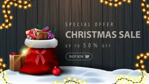 Vector illustration of Special offer, Christmas sale, up to 50% off, discount banner with wooden fence of boards with frame of Christmas tree branches, garland of yellow bulb lights and Santa Claus bag with presents
