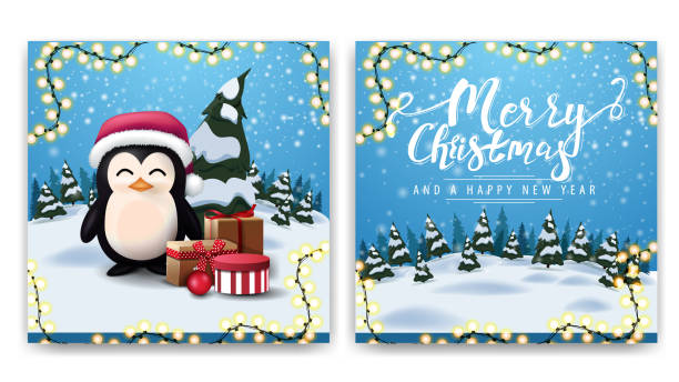 クリスマススクエア両面はがきとサンタクロースの帽子の漫画の冬の風景とペンギンのプレゼント - christmas christmas tree flower frame点のイラスト素材／クリップアート素材／マンガ素材／アイコン素材