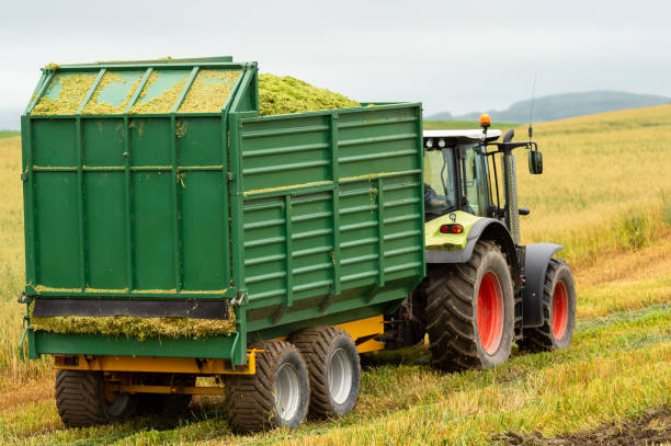 istock Loaded trailer being pulled by a tractor in a Scottish field in Dumfries and Galloway on an overcast summer morning 1267334448