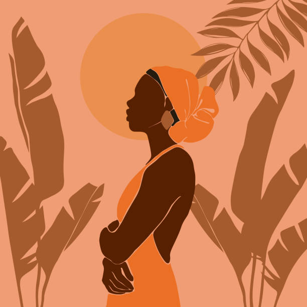 ilustraciones, imágenes clip art, dibujos animados e iconos de stock de la joven afroamericana se encuentra en el telón de fondo del sol. amanecer y puesta de sol en el malabarismo. grandes hojas tropicales de plátano. - afrodescendiente ilustraciones