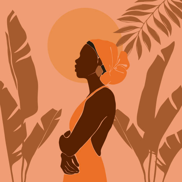 młoda afroamerykanka stoi na tle słońca. wschód i zachód słońca w żonglerce. duże tropikalne liście bananowca. - african descent illustrations stock illustrations