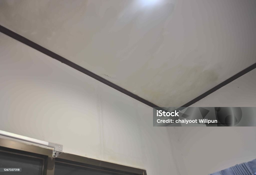 Plama Wilgoci Na Suficie Krzyżówka Plamy Na Suficie Z Wilgoci Wody Wyciekającej Z Dachu - zdjęcia stockowe