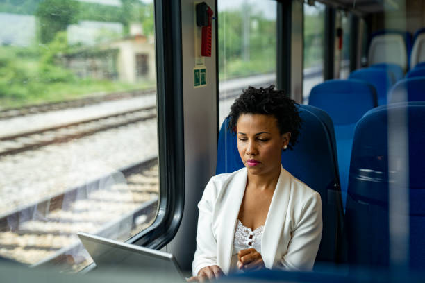 istock Woman in the train using laptop and looking tired 1267337765