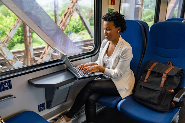 istock Business woman working on train 1267337802
