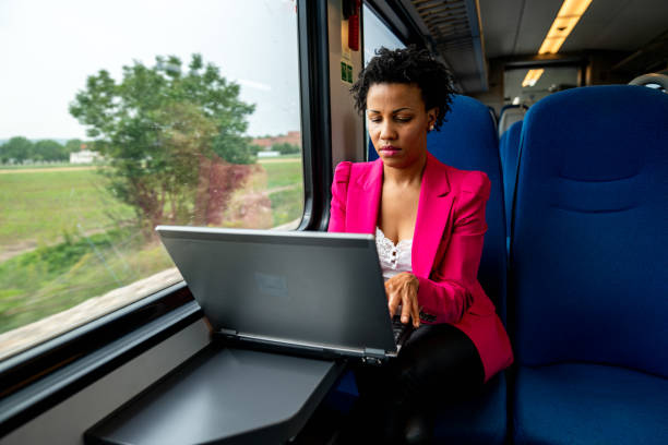 istock Business woman using laptop on the train 1267337894