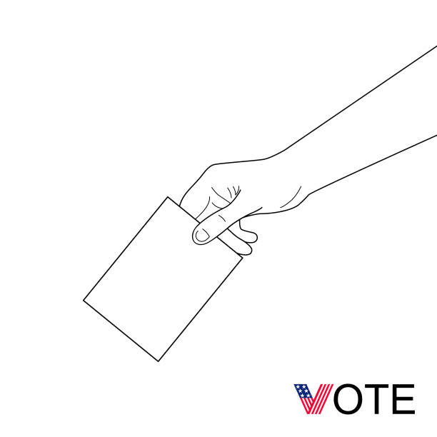 illustrations, cliparts, dessins animés et icônes de la main tient le bulletin de vote papier. citez « votez » avec le drapeau américain. élection présidentielle américaine de 2020. сoncept de la liberté et de la démocratie.silhouette isolée sur fond blanc. illustration de contour de vecteur - interface icons politics american flag voting