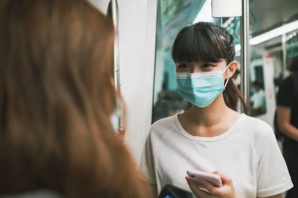 Photo of Girls wearing face mask for protection at subway station platform