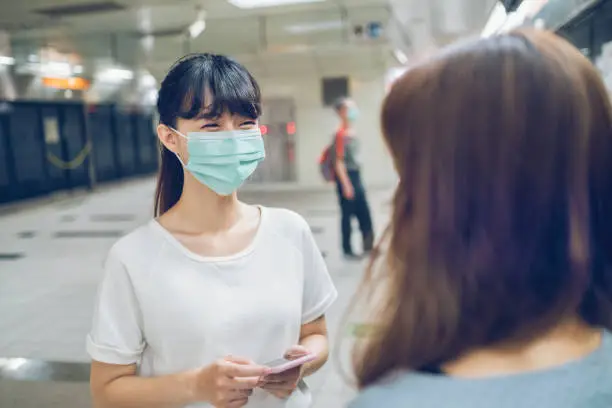 Photo of Girls wearing face mask for protection at subway station platform