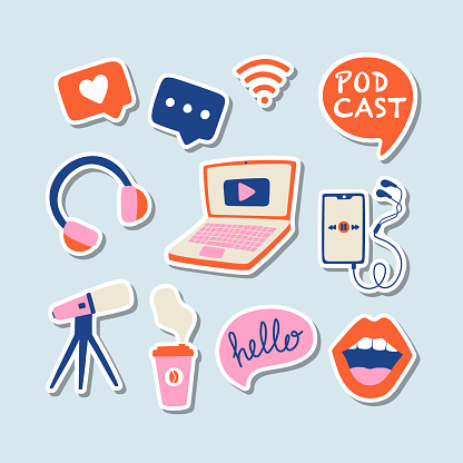 Podcast icons set. Podcasting stickers collection: microphone, headphones, loudspeaker, speech bubbles, laptop, smartphone. Blogging concept. Hand drawn isolated vector elements in trendy style.