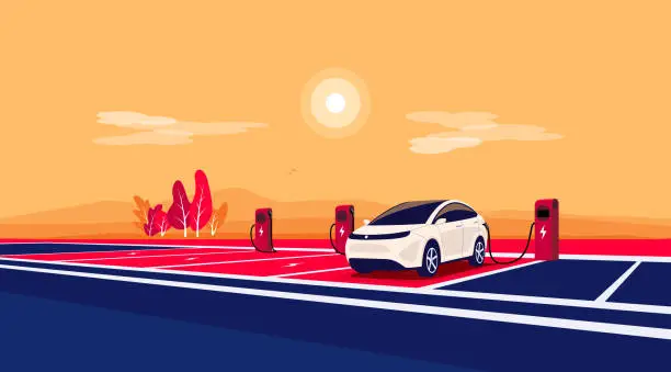 Vector illustration of Electric Car Charging Battery Parked on Parking Lot with Charger Station