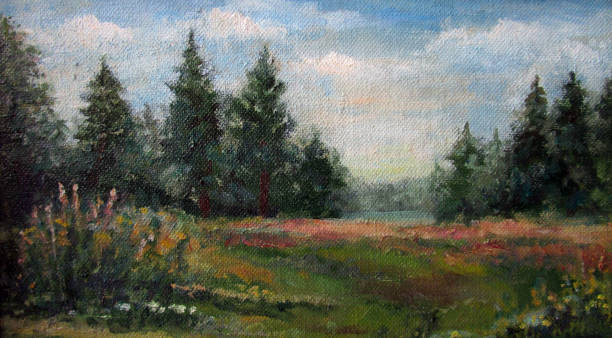 istock Spruce green forest in autumn, oil painting 1267340979