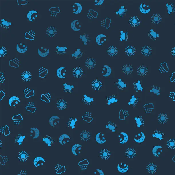 Vector illustration of Set Moon and stars, Cloud, Sun and with rain on seamless pattern. Vector