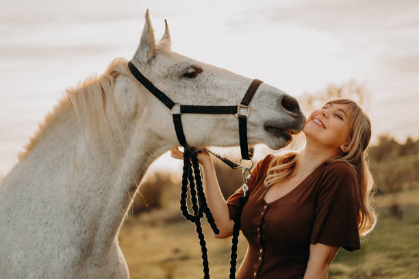 weißes pferd küssen junge blonde frau - horse beauty beauty in nature women stock-fotos und bilder