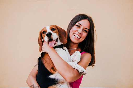 happy young woman outdoors having fun with beagle dog. Family and lifestyle concept. yellow background