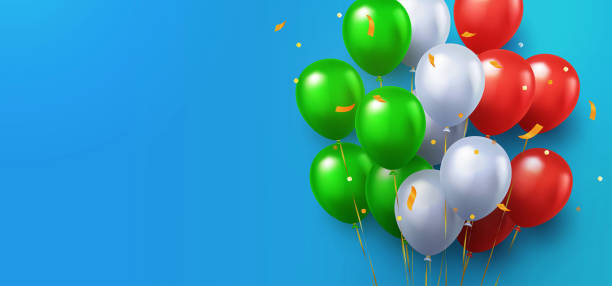 istock Greeting design in national green, white and red colors with realistic flying helium balloons on blue. 1267345193